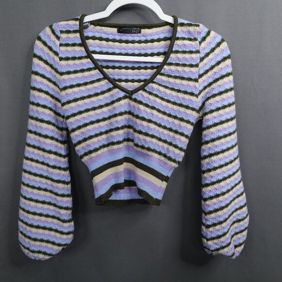 Womens Sweater Large Purple Green Cropped Y2K Bubble Sleeve Retro Preppy Indie - Picture 1 of 10